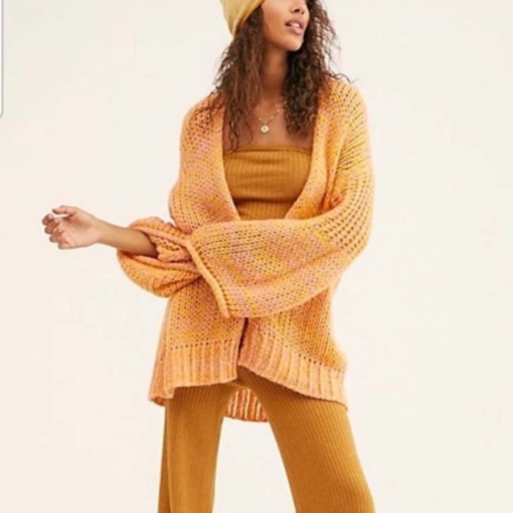 Free People Home Town Cardi Open Knit Yellow Combo Wool Alpaca Acrylic Blend New